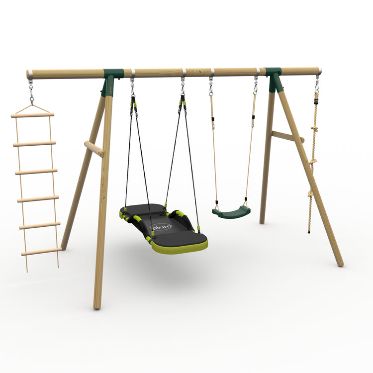 Plum® Gibbon™ Wooden Swing Set - Single Swing, Glide Nest Swing, Rope & Ladder
