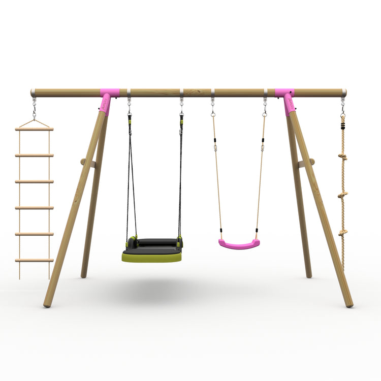 Plum® Gibbon™ Wooden Swing Set - Single Swing, Glide Nest Swing, Rope & Ladder
