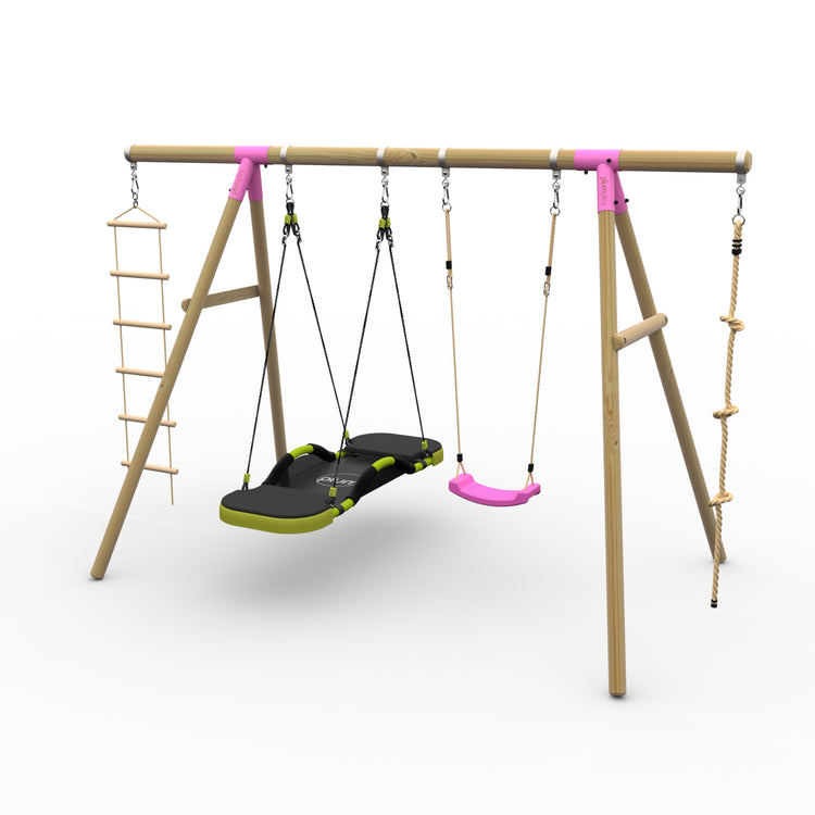 Plum® Gibbon™ Wooden Swing Set - Single Swing, Glide Nest Swing, Rope & Ladder