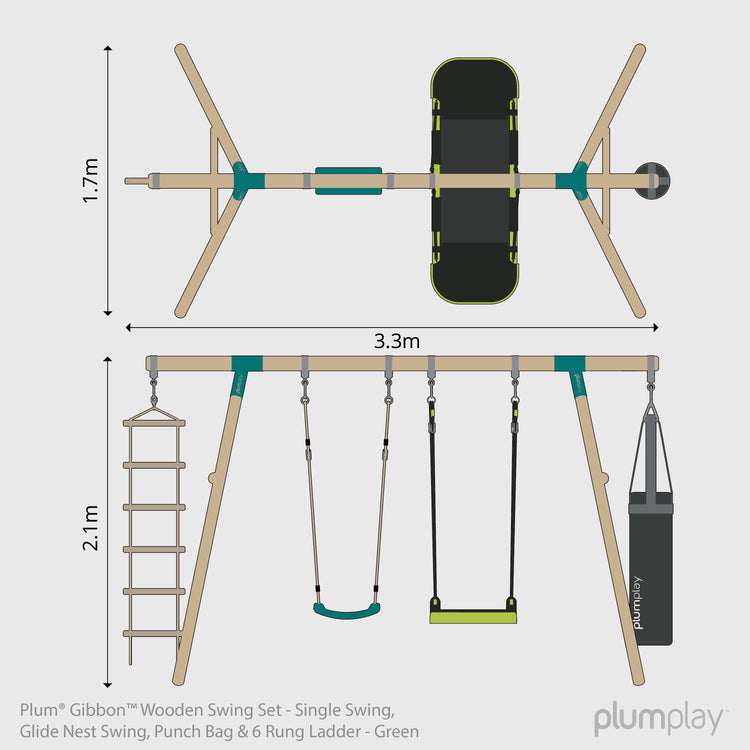 Plum® Gibbon™ Wooden Swing Set - Single Swing, Glide Nest Swing, Punch Bag & Ladder
