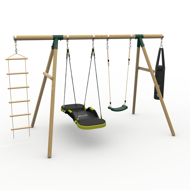 Plum® Gibbon™ Wooden Swing Set - Single Swing, Glide Nest Swing, Punch Bag & Ladder