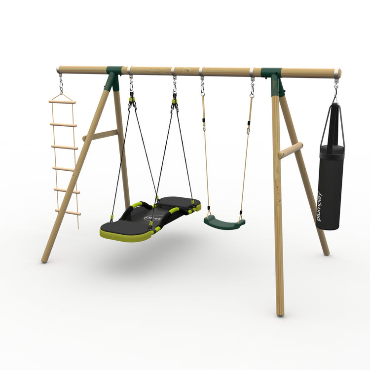 Plum® Gibbon™ Wooden Swing Set - Single Swing, Glide Nest Swing, Punch Bag & Ladder
