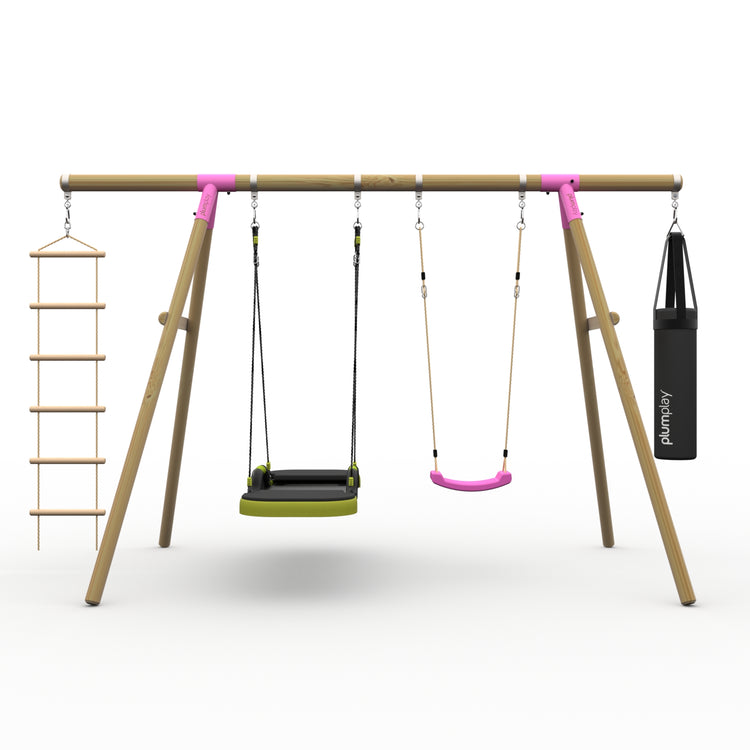 Plum® Gibbon™ Wooden Swing Set - Single Swing, Glide Nest Swing, Punch Bag & Ladder