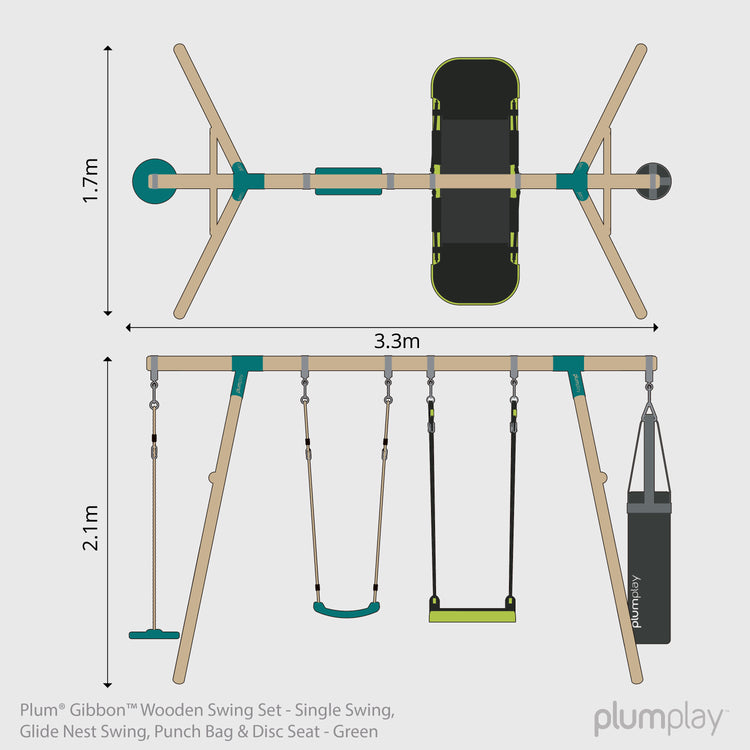 Plum® Gibbon™ Wooden Swing Set - Single Swing, Glide Nest Swing, Disc Seat & Punch Bag