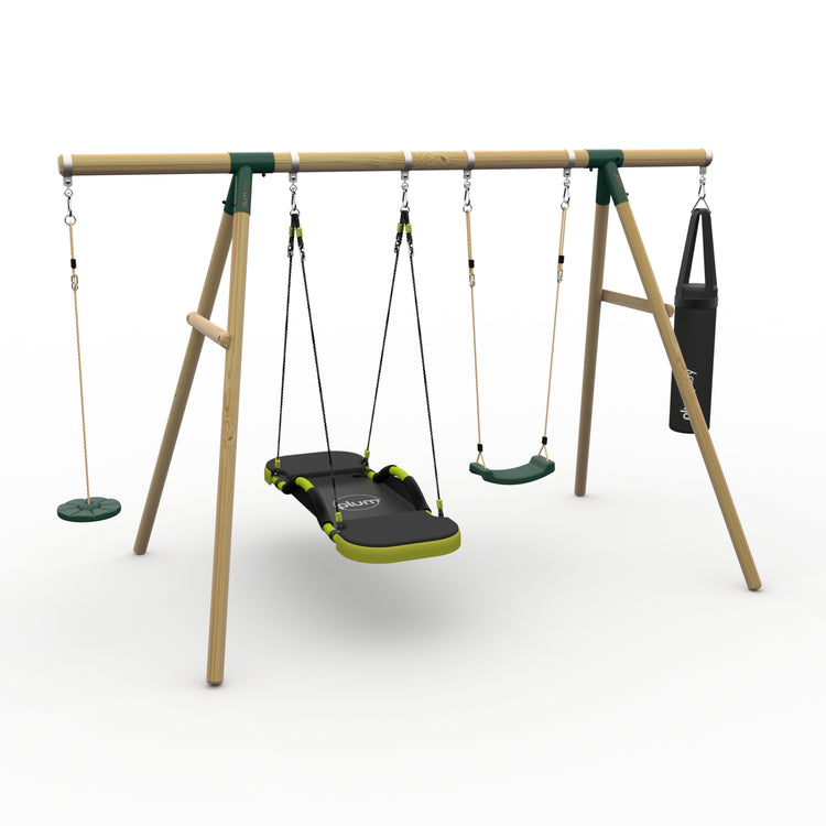 Plum® Gibbon™ Wooden Swing Set - Single Swing, Glide Nest Swing, Disc Seat & Punch Bag