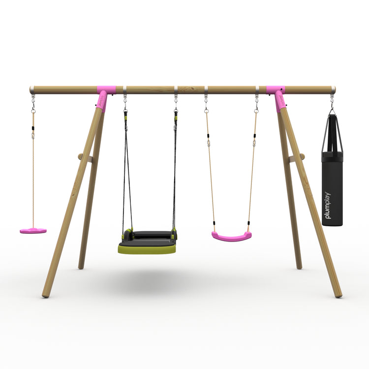 Plum® Gibbon™ Wooden Swing Set - Single Swing, Glide Nest Swing, Disc Seat & Punch Bag