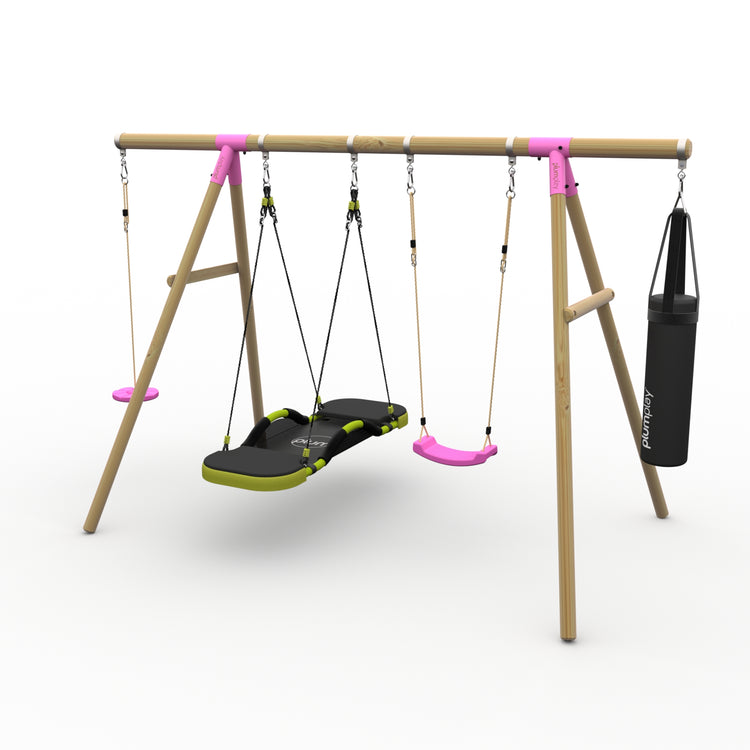 Plum® Gibbon™ Wooden Swing Set - Single Swing, Glide Nest Swing, Disc Seat & Punch Bag