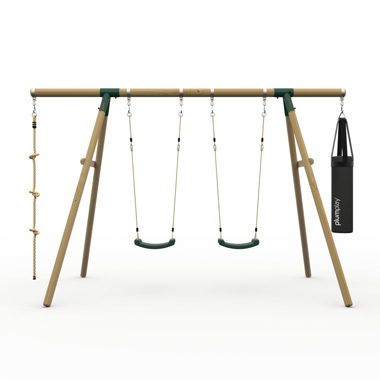 Plum® Gibbon™ Wooden Swing Set - Double Swing, Rope & Punch Bag