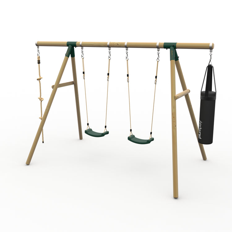 Plum® Gibbon™ Wooden Swing Set - Double Swing, Rope & Punch Bag