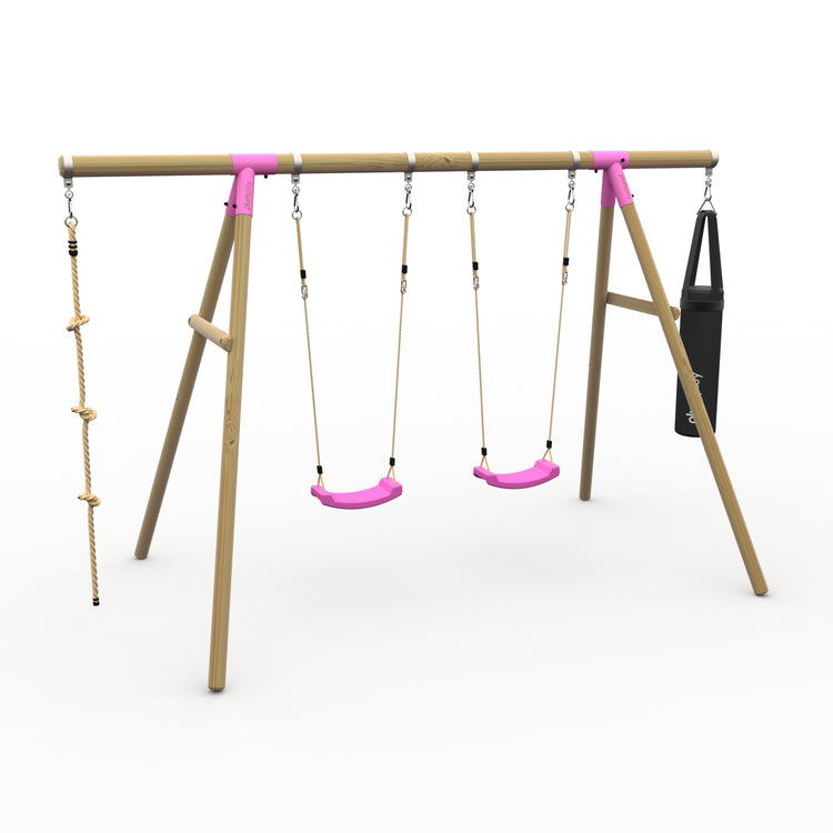 Plum® Gibbon™ Wooden Swing Set - Double Swing, Rope & Punch Bag