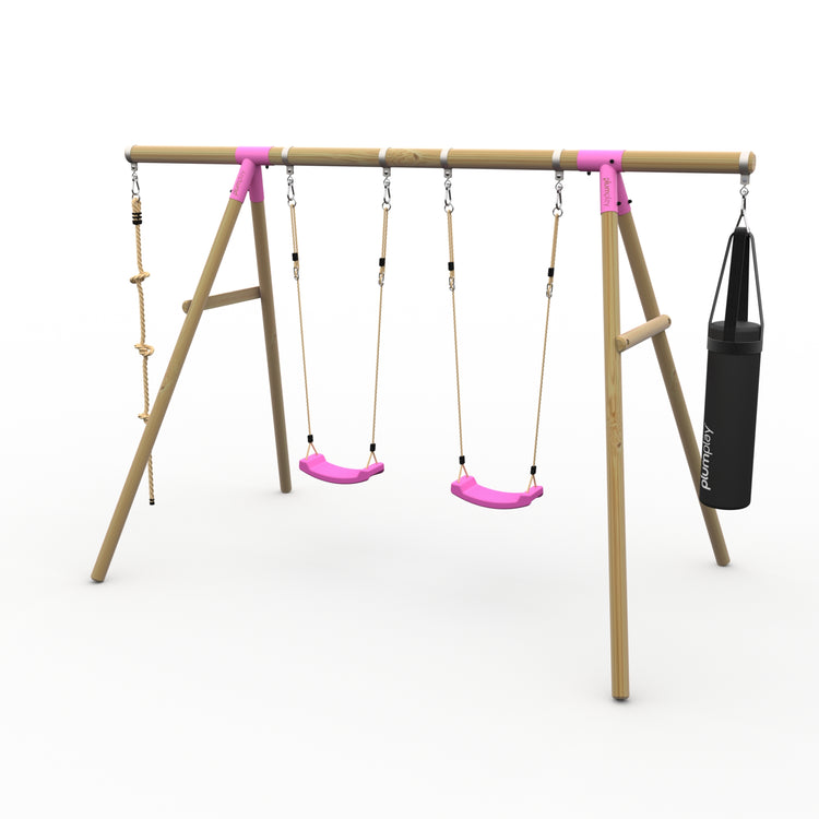 Plum® Gibbon™ Wooden Swing Set - Double Swing, Rope & Punch Bag