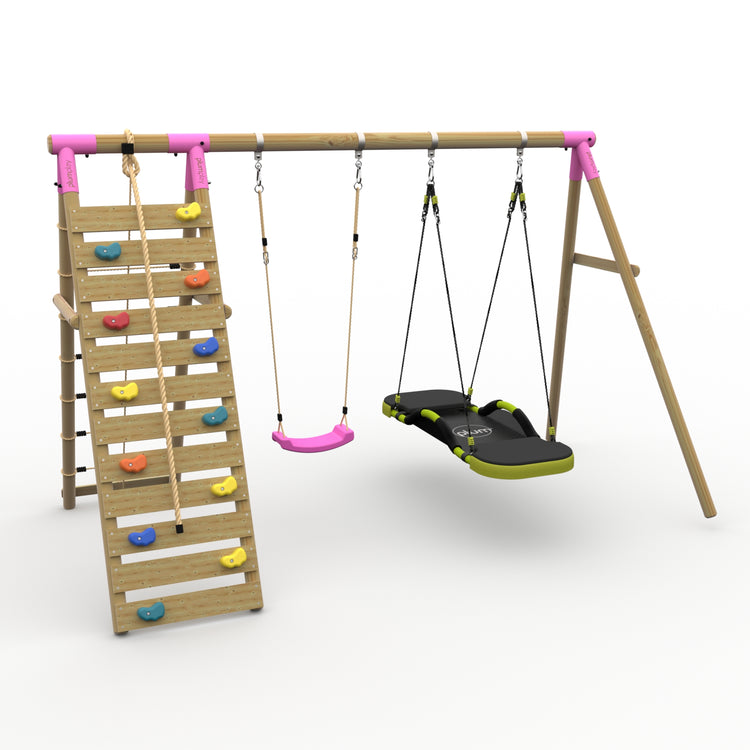 Plum® Uakari™ Wooden Swing Set - Single Swing, Glide Nest Swing & Climbing Wall