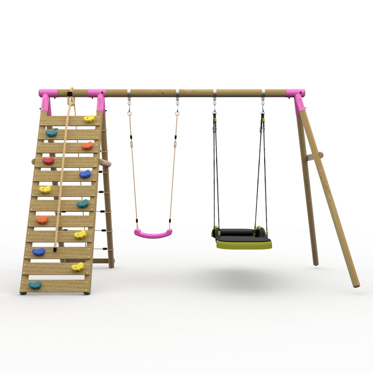 Plum® Uakari™ Wooden Swing Set - Single Swing, Glide Nest Swing & Climbing Wall