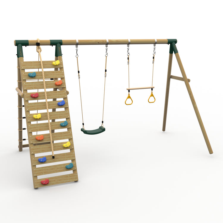 Plum® Uakari™ Wooden Swing Set - Single Swing, Trapeze & Climbing Wall
