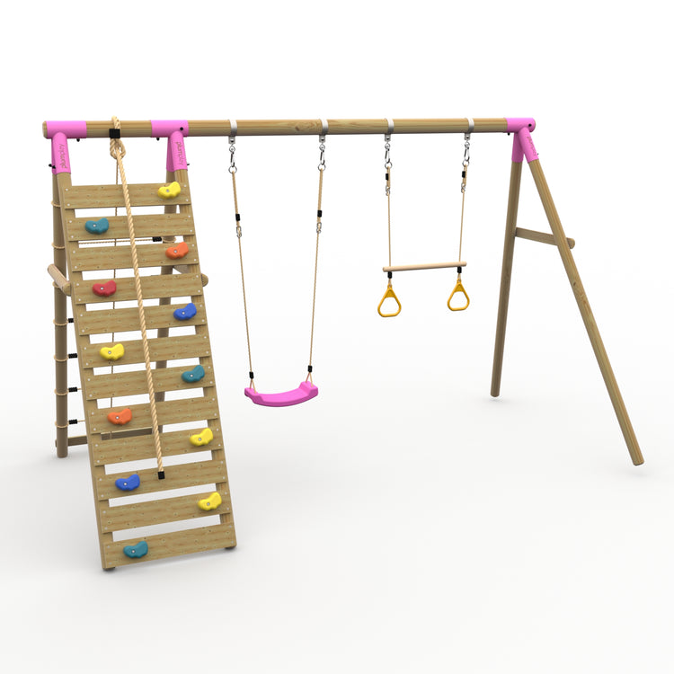 Plum® Uakari™ Wooden Swing Set - Single Swing, Trapeze & Climbing Wall