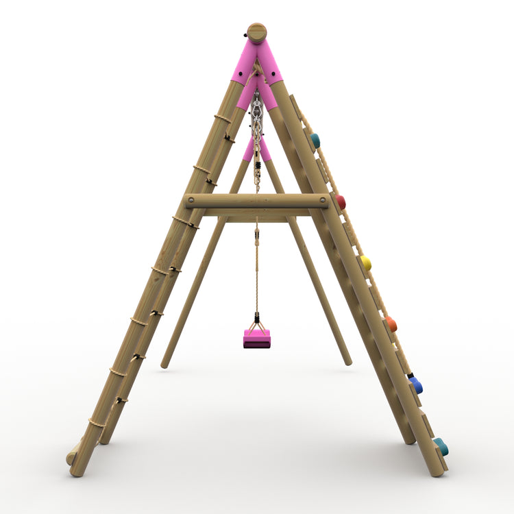 Plum® Uakari™ Wooden Swing Set - Single Swing, Trapeze & Climbing Wall