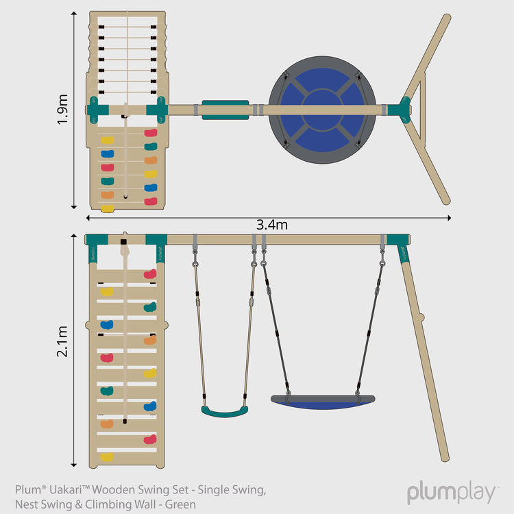 Plum® Uakari™ Wooden Swing Set - Single Swing, Nest Swing & Climbing Wall