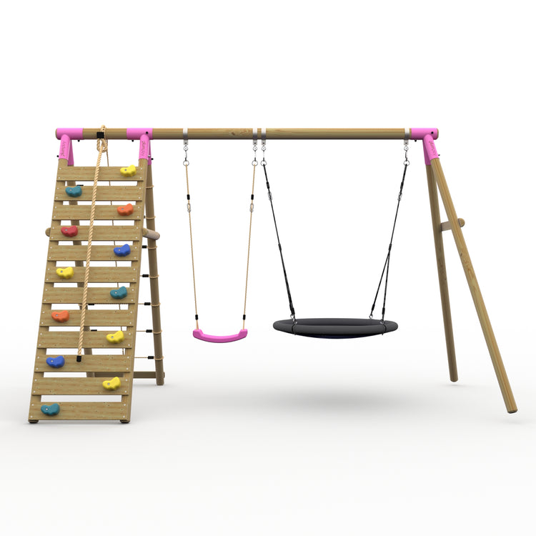 Plum® Uakari™ Wooden Swing Set - Single Swing, Nest Swing & Climbing Wall