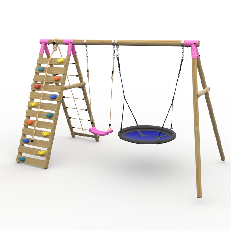 Plum® Uakari™ Wooden Swing Set - Single Swing, Nest Swing & Climbing Wall