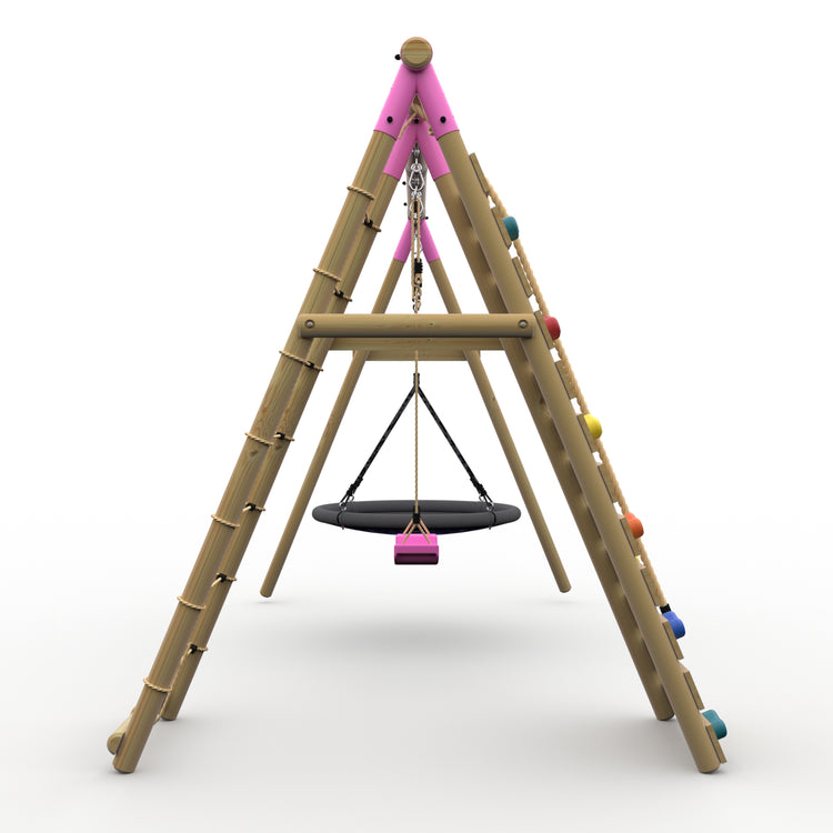 Plum® Uakari™ Wooden Swing Set - Single Swing, Nest Swing & Climbing Wall