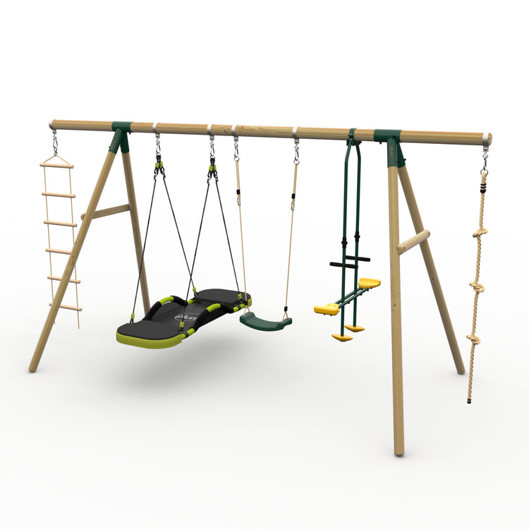 Plum® Meerkat Wooden Swing Set - Glide Nest Swing, Rope, Glider, Deck & Slide