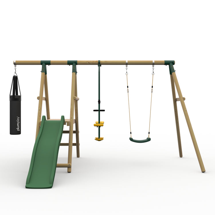 Plum® Meerkat Wooden Swing Set - Single Swing, Punch Bag, Glider, Deck & Slide