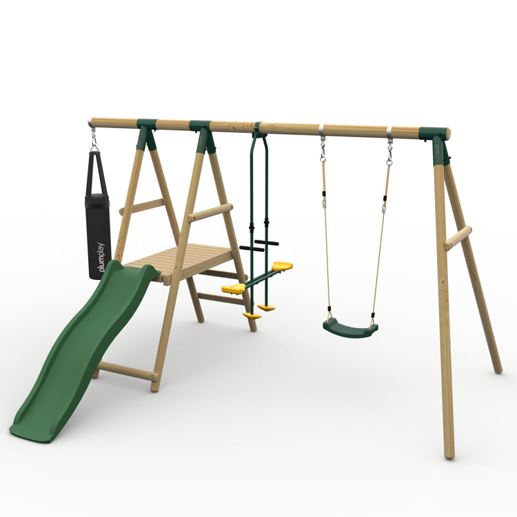 Plum® Meerkat Wooden Swing Set - Single Swing, Punch Bag, Glider, Deck & Slide