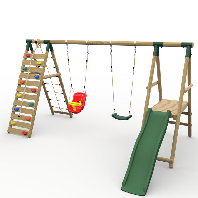 Plum® Woolly Monkey II™ Wooden Swing Set - Single Swing, Baby Seat, Climbing Wall, Deck & Slide