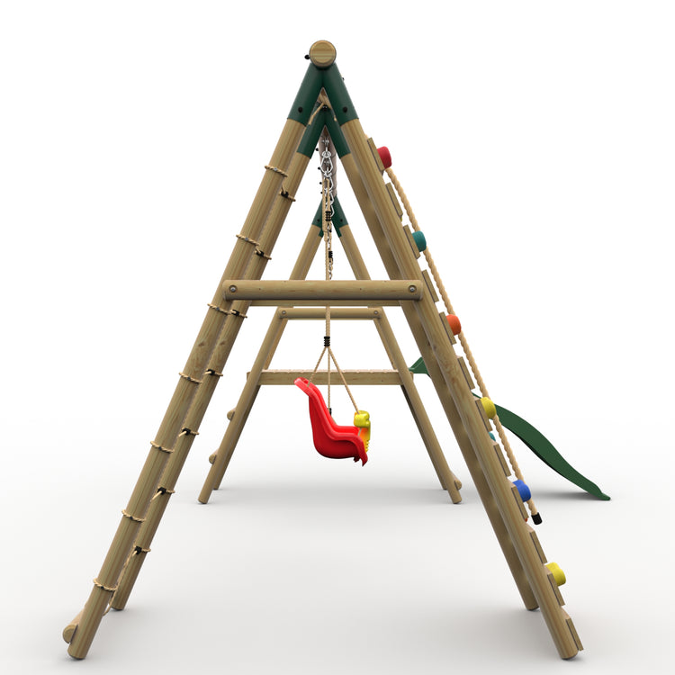 Plum® Woolly Monkey II™ Wooden Swing Set - Single Swing, Baby Seat, Climbing Wall, Deck & Slide