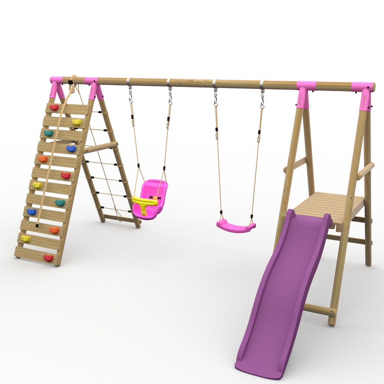 Plum® Woolly Monkey II™ Wooden Swing Set - Single Swing, Baby Seat, Climbing Wall, Deck & Slide