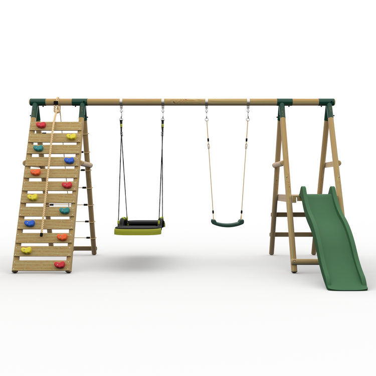 Plum® Woolly Monkey II™ Wooden Swing Set - Single Swing, Glide Nest Swing, Climbing Wall, Deck & Slide