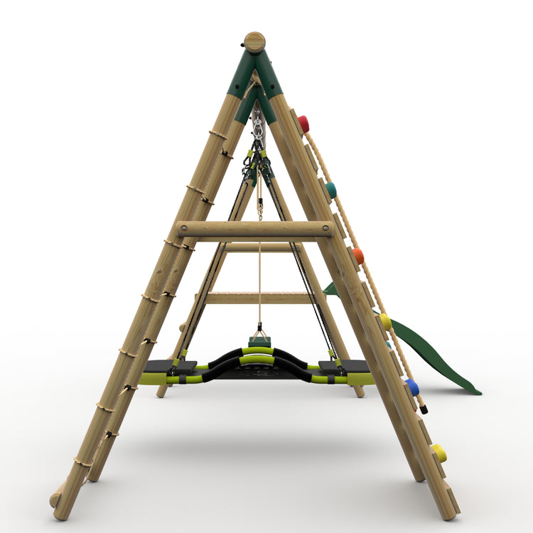 Plum® Woolly Monkey II™ Wooden Swing Set - Single Swing, Glide Nest Swing, Climbing Wall, Deck & Slide