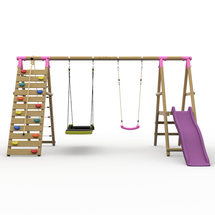 Plum® Woolly Monkey II™ Wooden Swing Set - Single Swing, Glide Nest Swing, Climbing Wall, Deck & Slide