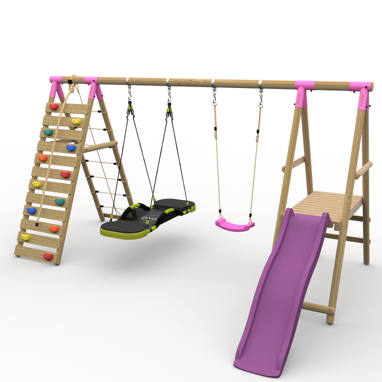 Plum® Woolly Monkey II™ Wooden Swing Set - Single Swing, Glide Nest Swing, Climbing Wall, Deck & Slide