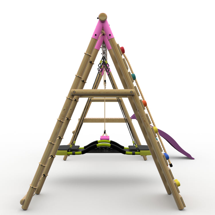 Plum® Woolly Monkey II™ Wooden Swing Set - Single Swing, Glide Nest Swing, Climbing Wall, Deck & Slide