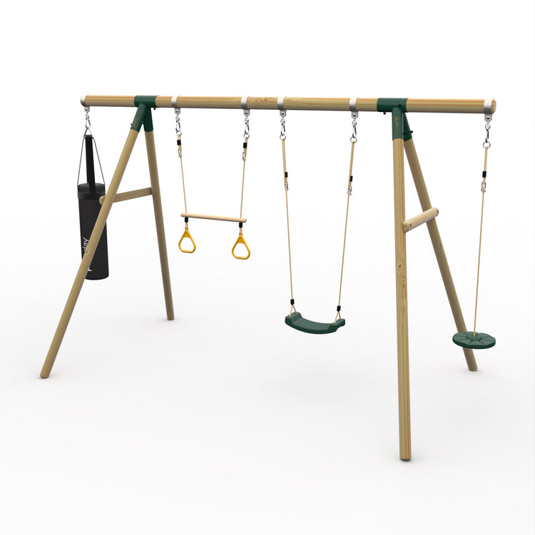 Plum® Gibbon™ Wooden Swing Set - Swing, Trapeze, Disc Seat & Punch Bag