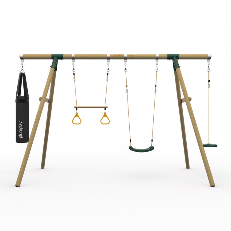 Plum® Gibbon™ Wooden Swing Set - Swing, Trapeze, Disc Seat & Punch Bag