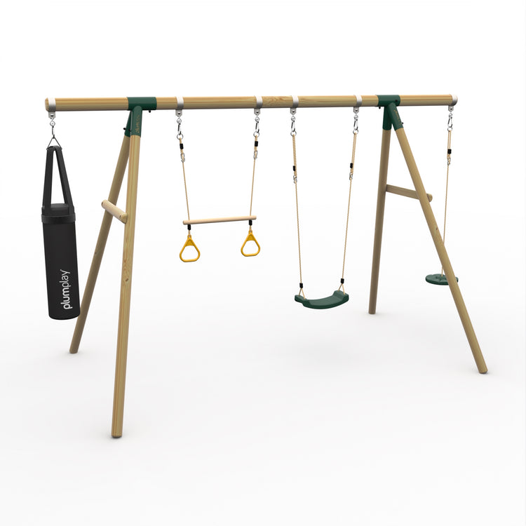 Plum® Gibbon™ Wooden Swing Set - Swing, Trapeze, Disc Seat & Punch Bag