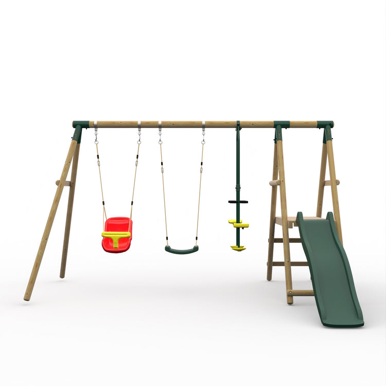 Plum® Lesula Wooden Swing Set - Single Swing, Baby Seat, Glider, Deck & Slide - Green