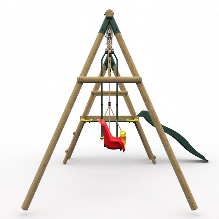 Plum® Lesula Wooden Swing Set - Single Swing, Baby Seat, Glider, Deck & Slide - Green