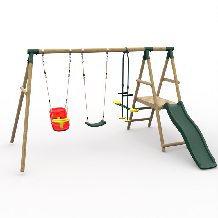 Plum® Lesula Wooden Swing Set - Single Swing, Baby Seat, Glider, Deck & Slide - Green