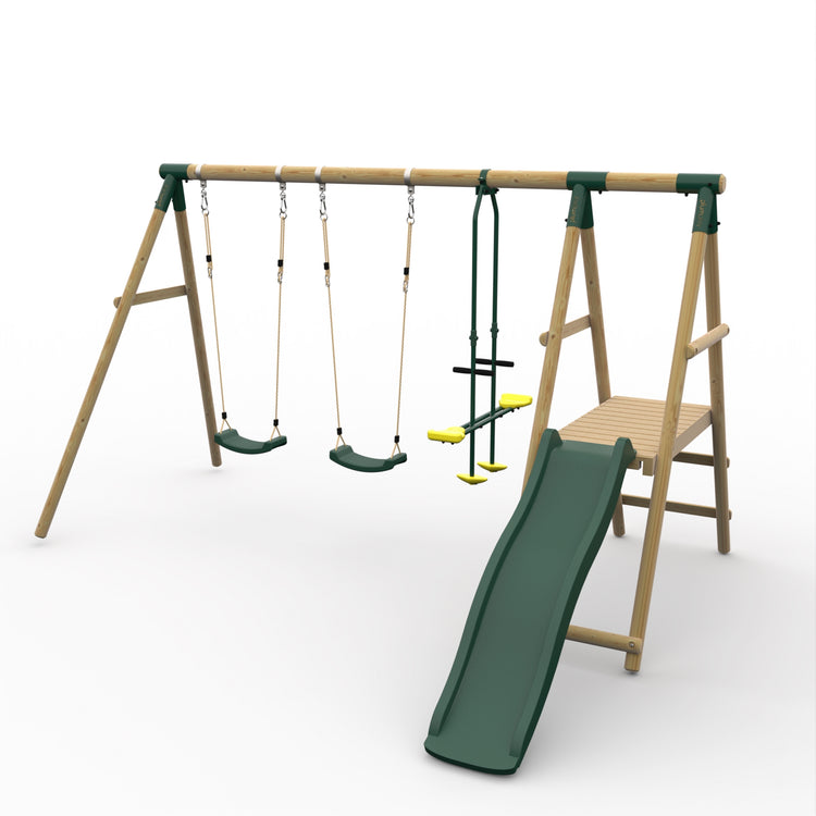 Plum® Lesula Wooden Swing Set - Double Swing, Glider, Deck & Slide
