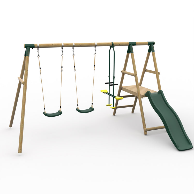 Plum® Lesula Wooden Swing Set - Double Swing, Glider, Deck & Slide