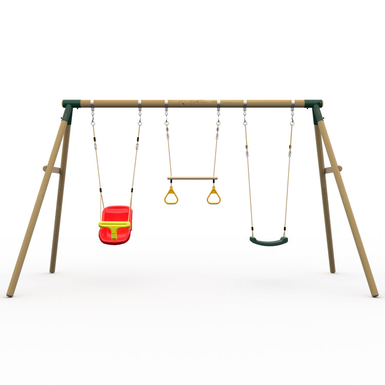 Plum® Mangabey Wooden Swing Set - Single Swing, Baby Seat & Trapeze