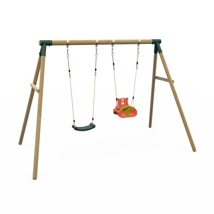 Plum® Marmoset™ Wooden Swing Set - Single Swing & 3 in 1 Baby Seat - Green