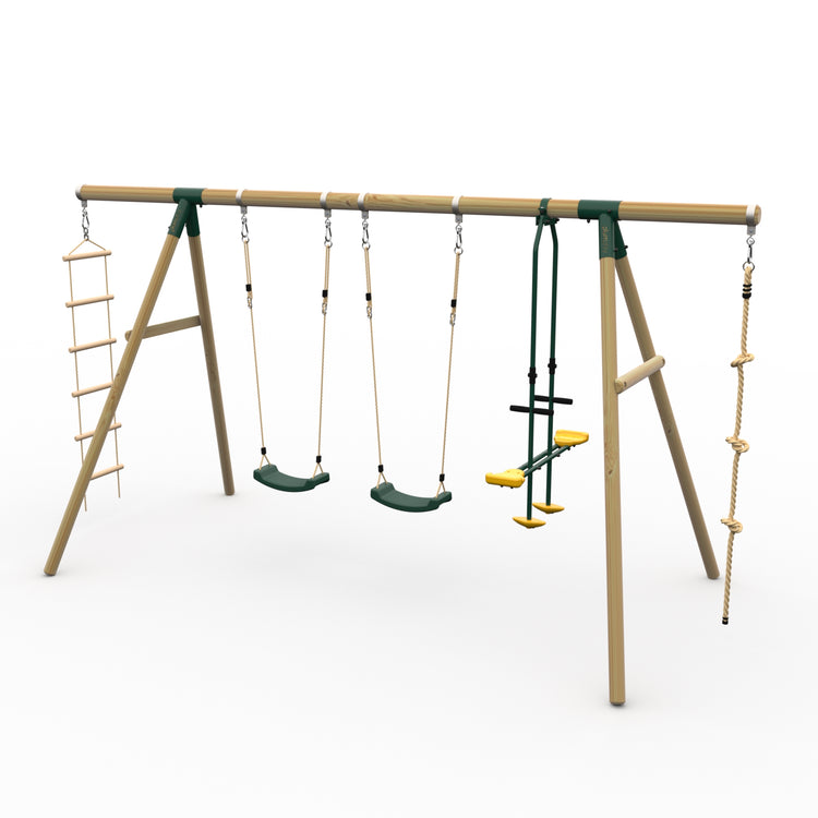 Plum® Triple Wooden Swing Set with Glider + Rope Ladder -Orang-Utan™