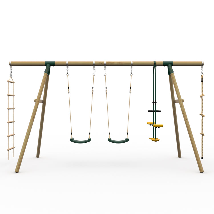 Plum® Triple Wooden Swing Set with Glider + Rope Ladder -Orang-Utan™
