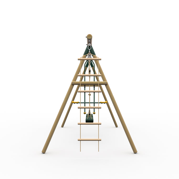 Plum® Triple Wooden Swing Set with Glider + Rope Ladder -Orang-Utan™