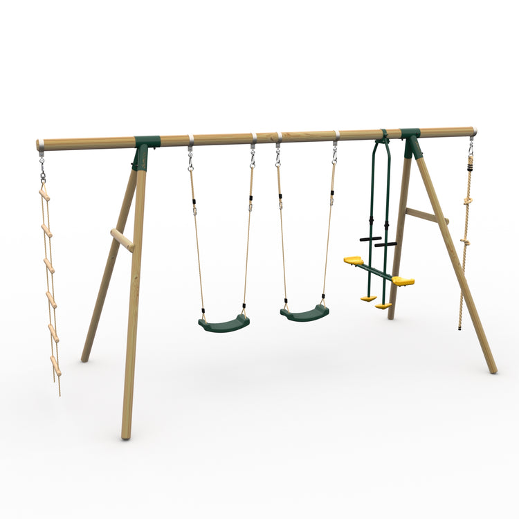 Plum® Triple Wooden Swing Set with Glider + Rope Ladder -Orang-Utan™