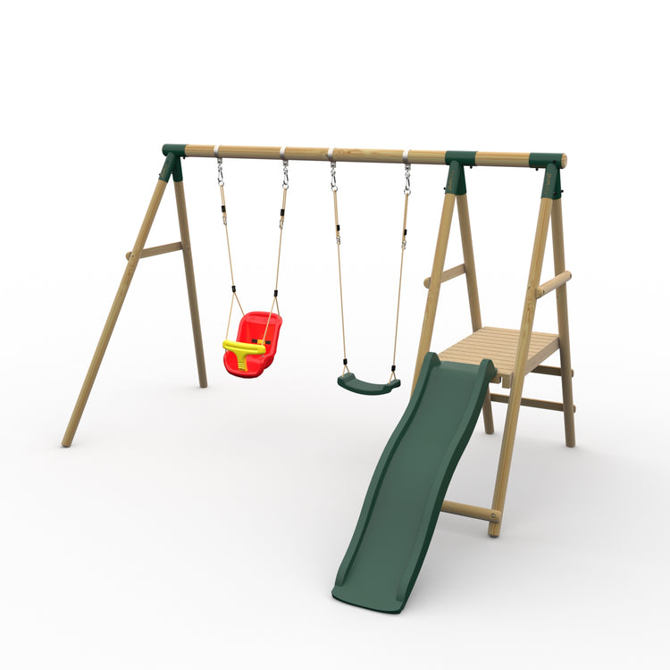 Plum® Roloway II™ Wooden Swing Set - Single Swing, Baby Seat, Deck & Slide